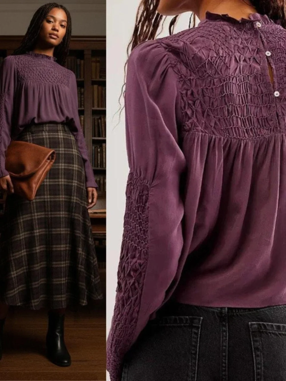Free People Plum Lace-Yoke Long Sleeve Blouse